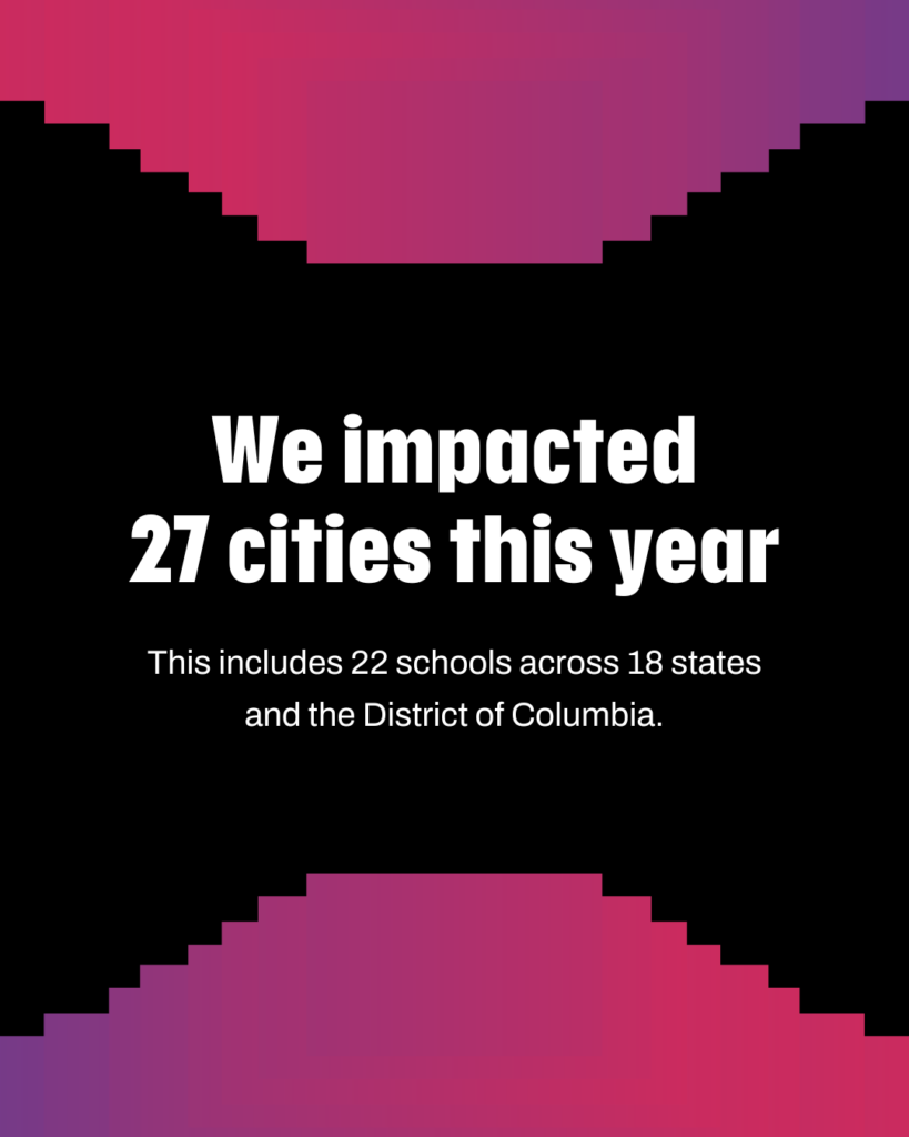 We impacted 27 cities this year and this includes 22 schools across 18 states and the District of Columbia.